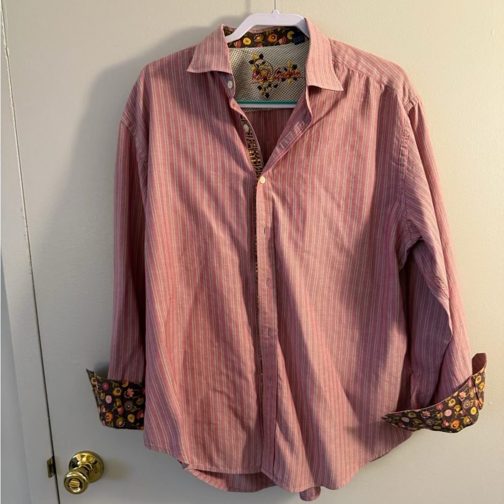 Robert Graham Shirt Red Floral Striped Button Up Long Sleeve Mens (2XL)